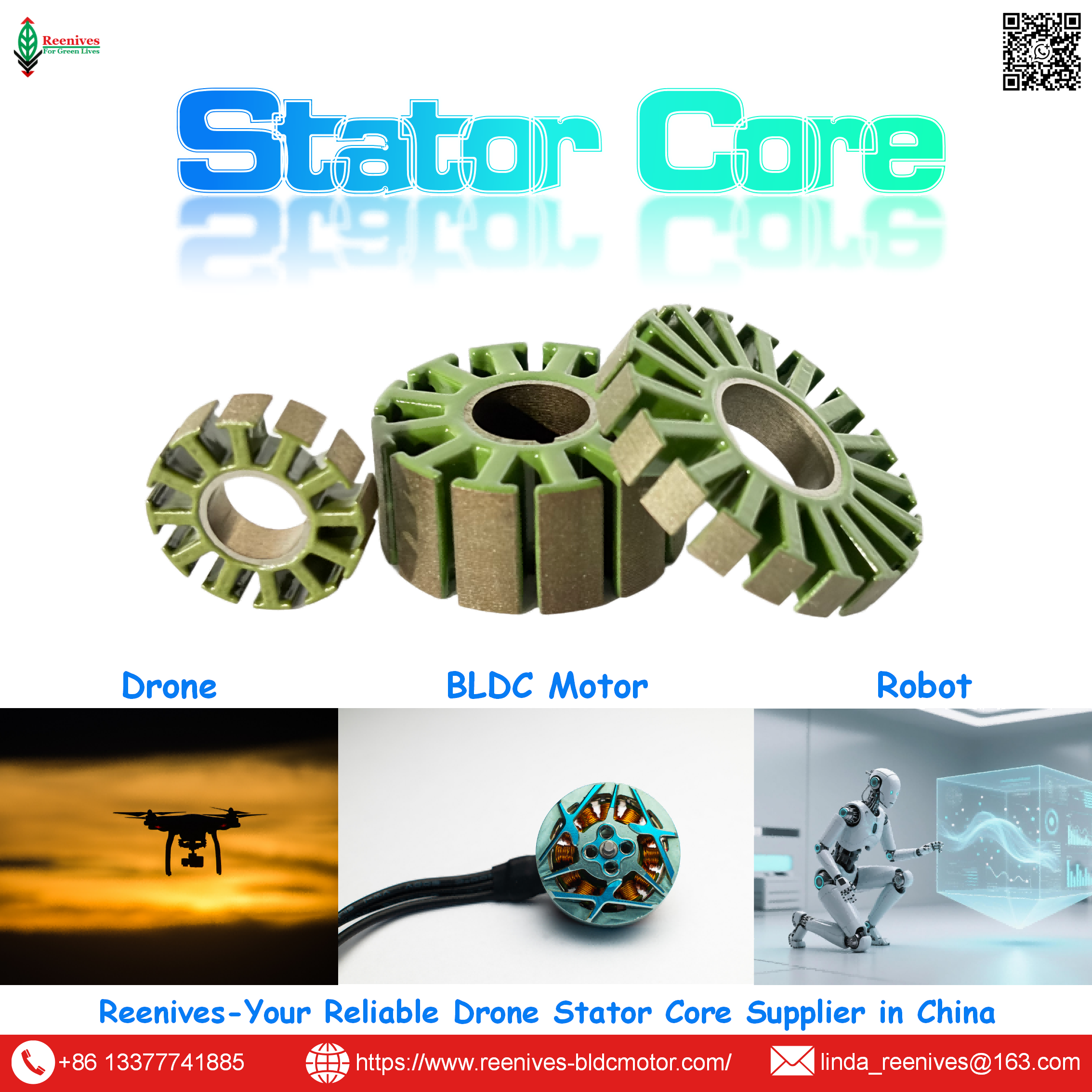Drone engine stators for UAV, FPV & eVTOL propulsion. 0.2mm laminations, 12N14P/24N22P, epoxy insulation. Global.